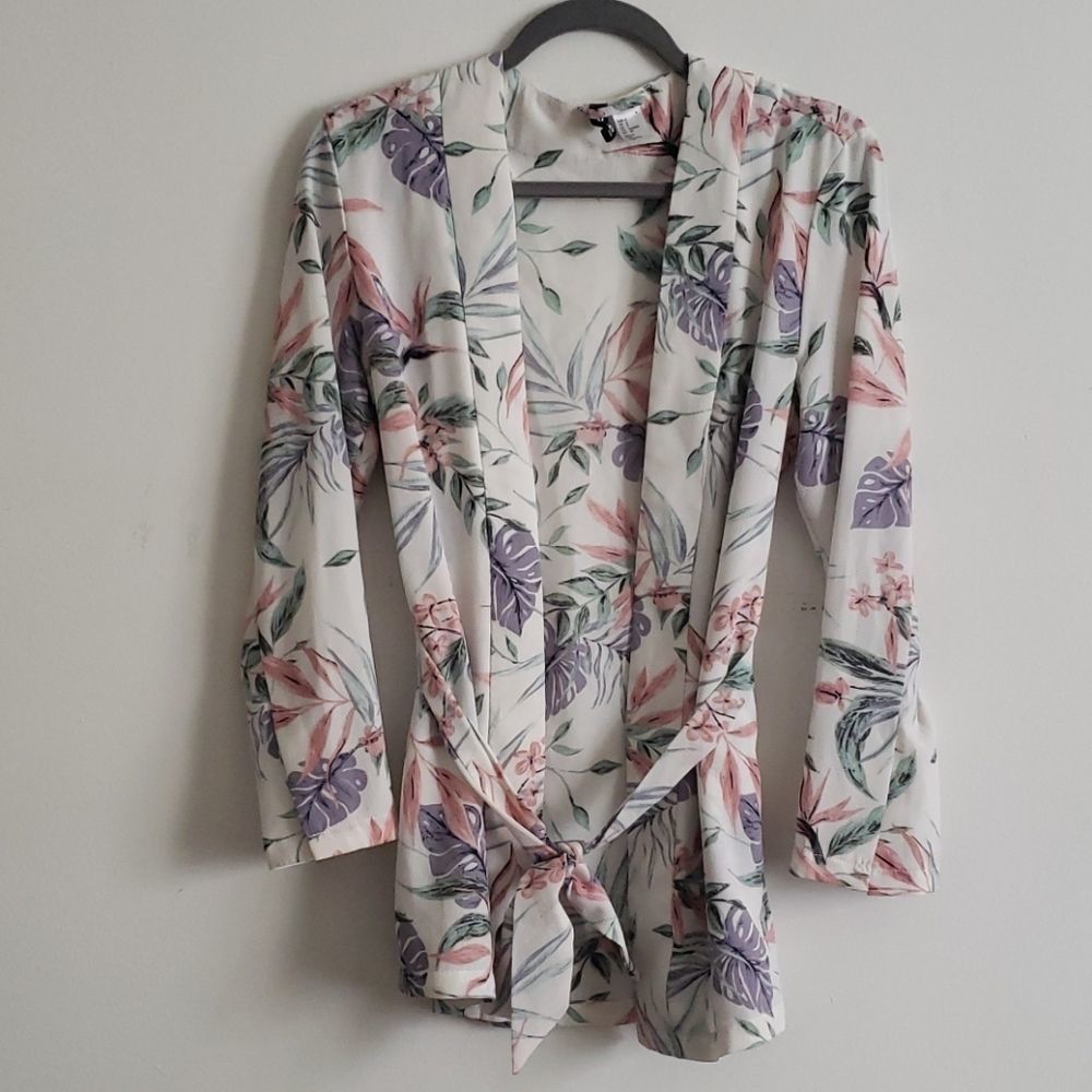 Floral Print Open-Front Lightweight Cardigan  - White/Pastel - Picture 2 of 7